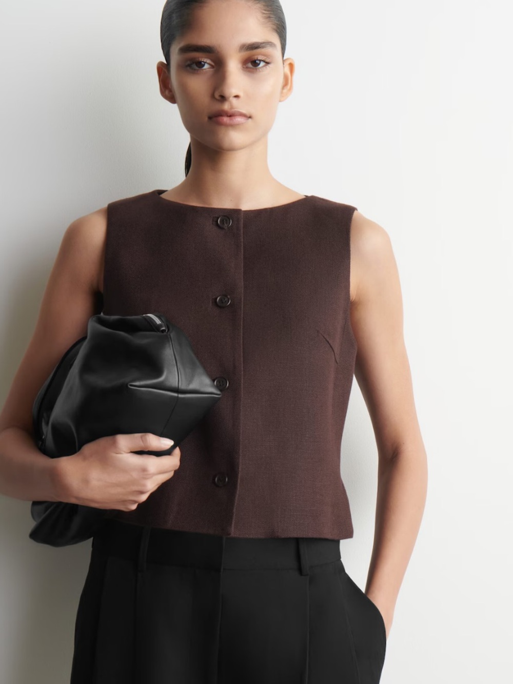 COS Dark Brown Textured Sleeveless Button Vest NWT